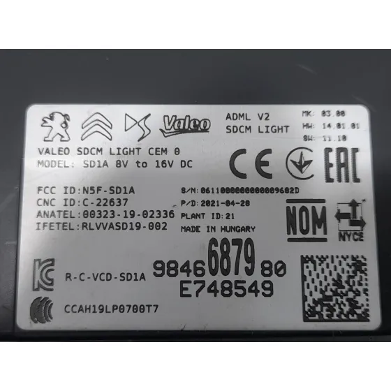 Modulo Electronico para Peugeot 2008 Ii (Ud_, Us_, Uy_, Uj_, Ur_, Uc_)