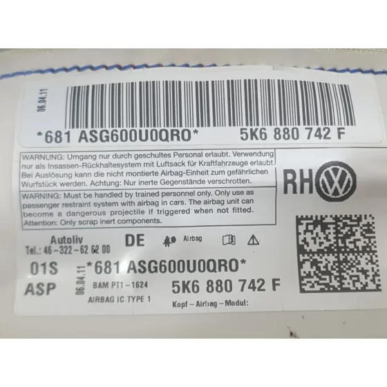 Airbag Cortina Delantero Derecho para Volkswagen Golf Vi (5K1)