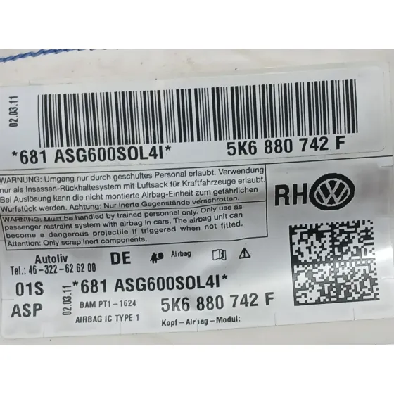 Airbag Cortina Delantero Derecho para Volkswagen Golf Plus V (5M1, 521)