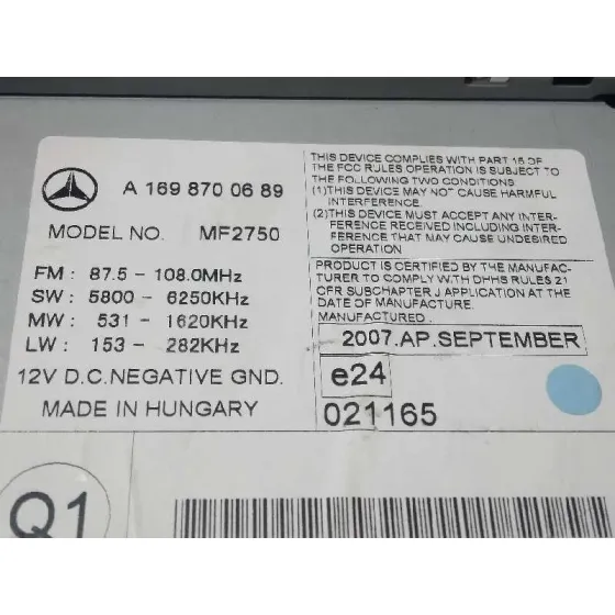 Sistema Audio / Radio Cd para Mercedes-Benz Clase A (W169)